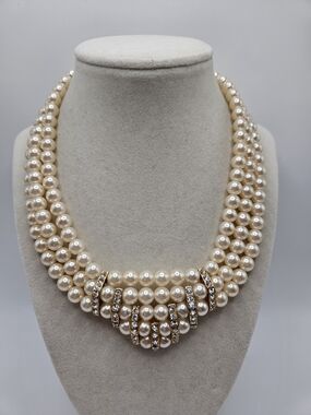 VINTAGE Glass Pearl & Rhinestone Three Strand Beaded Statement Necklace